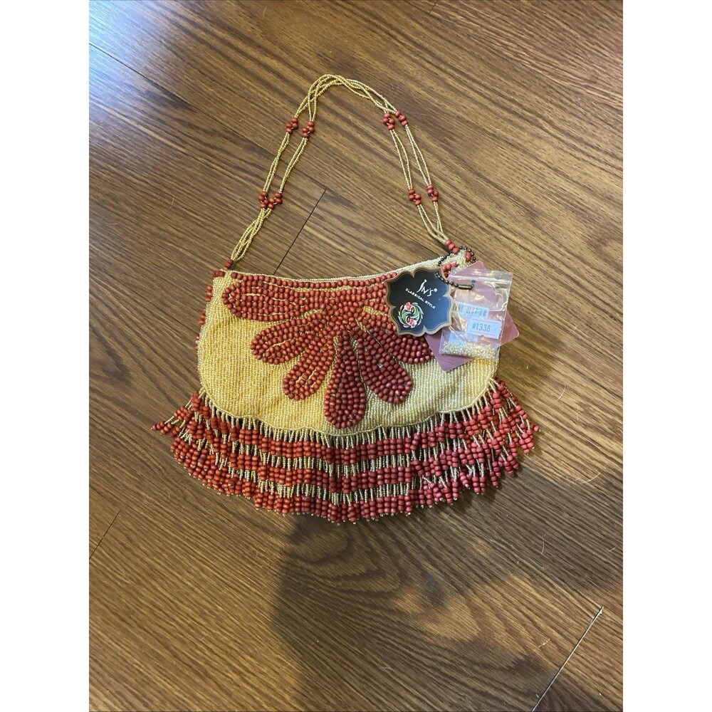 NWT Vintage IN’s Hand Beaded Purse Salmon Gold